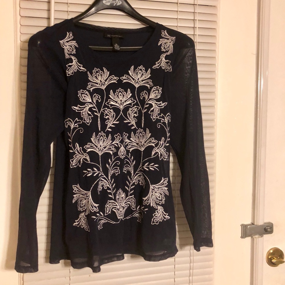 INC sheer sleeves embroidered Top